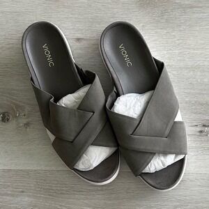 Vionic Gray Cross-Strap Slide Sandals